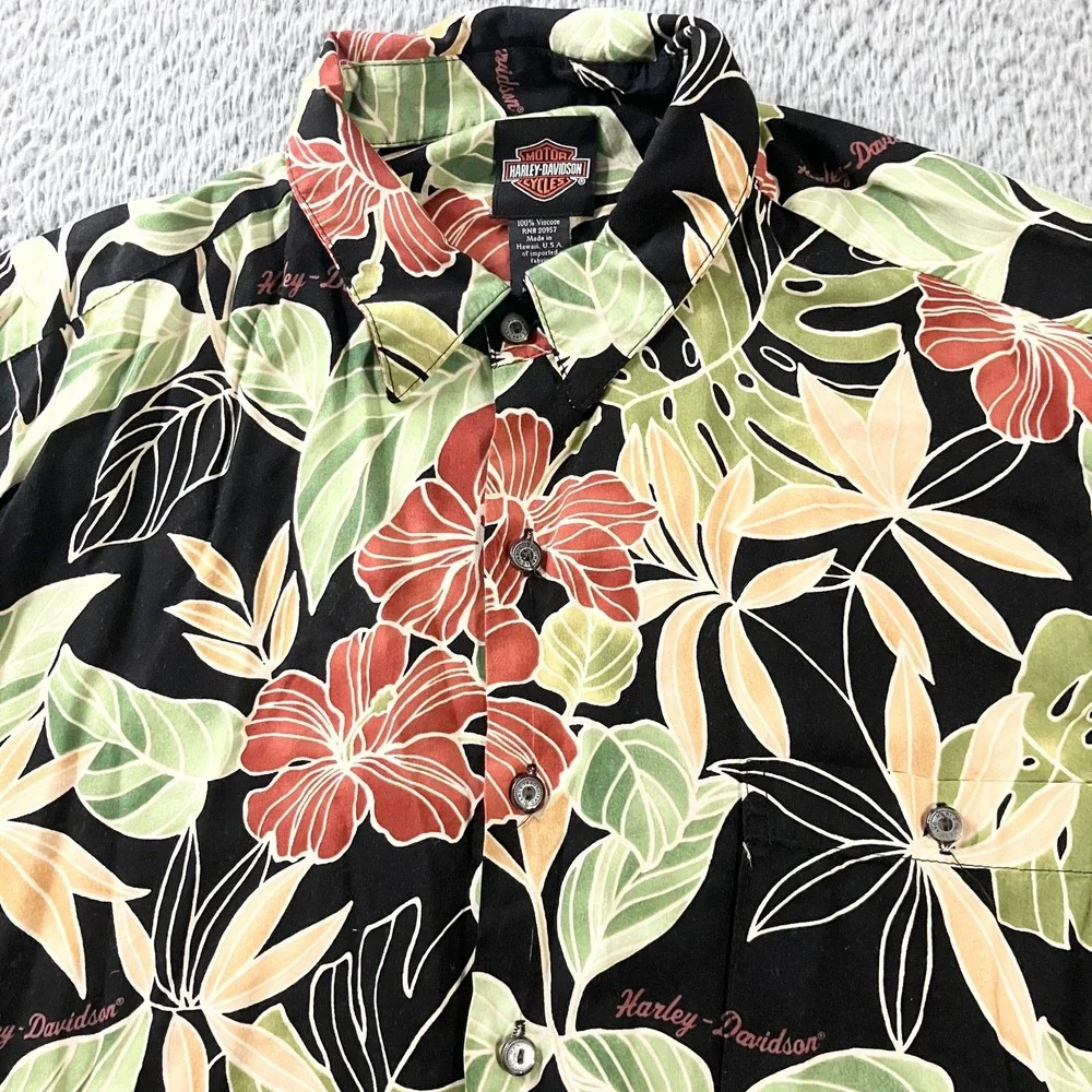 Harley-Davidson Shirt Mens Large Black‎ Hawaiian Aloha Short Sleeve Made USA